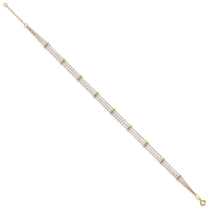10k Tri-color 3-Strand Diamond-cut Beaded 9in Plus 1in ext Anklet-10ANK290-10