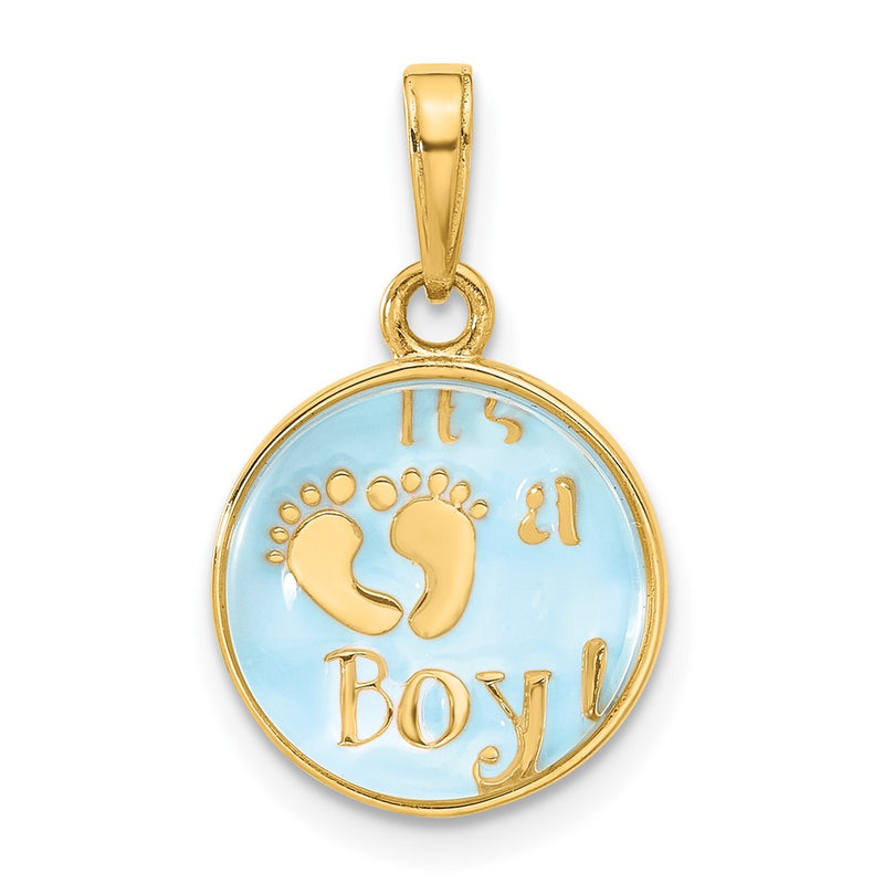 14K Polished with Blue Enamel and Clear Epoxy Resin It's A Boy Pendant-C4859