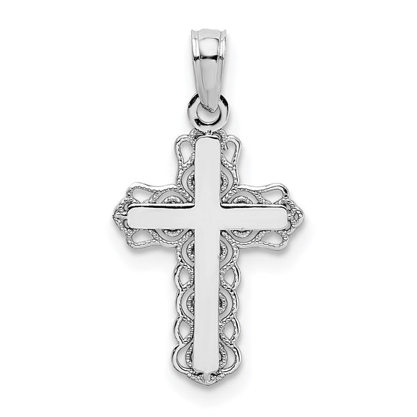 14K White Gold w/ Lace Trim and Polished Center Cross Charm-D3501W