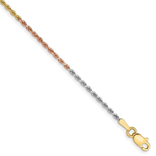 14K Tri-colored 10 inch 1.5mm Diamond-cut Rope with Lobster Clasp Anklet-012TC-10