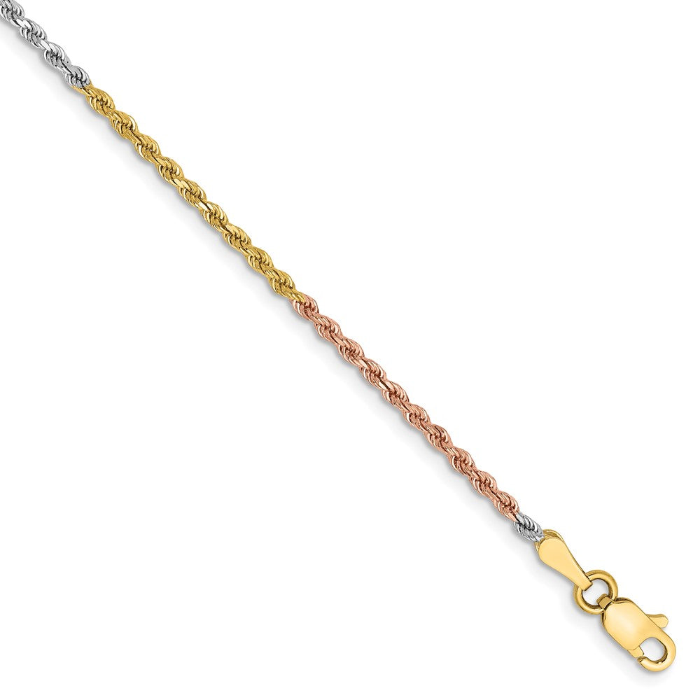 14K Tri-colored 10 inch 1.75mm Diamond-cut Rope with Lobster Clasp Anklet-014TC-10