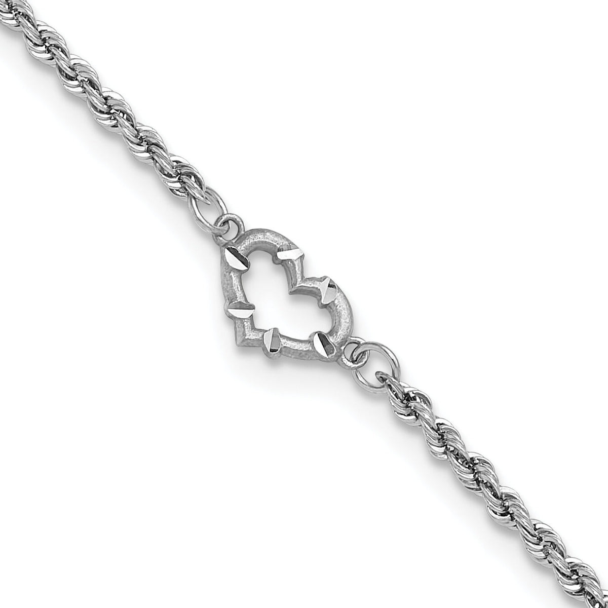 10k White Gold Diamond-cut Hollow Rope with Heart 9in Anklet-10ANK153-9