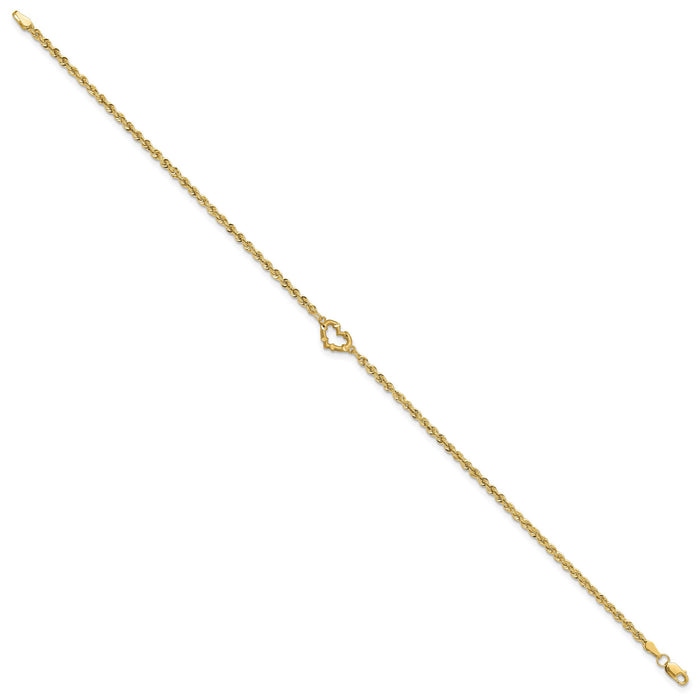 10k Diamond-cut Open Heart Rope 9inch Anklet-10ANK154-9
