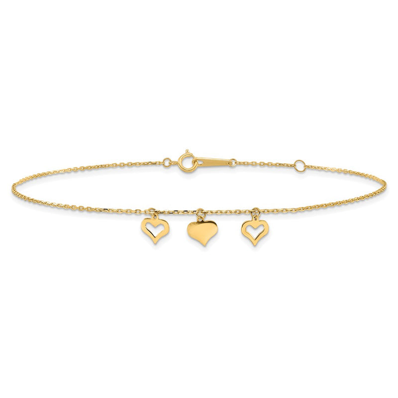 10k 3 Hearts 9in Plus 1in Extension Anklet-10ANK233-10