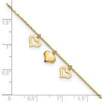 10k 3 Hearts 9in Plus 1in Extension Anklet-10ANK233-10