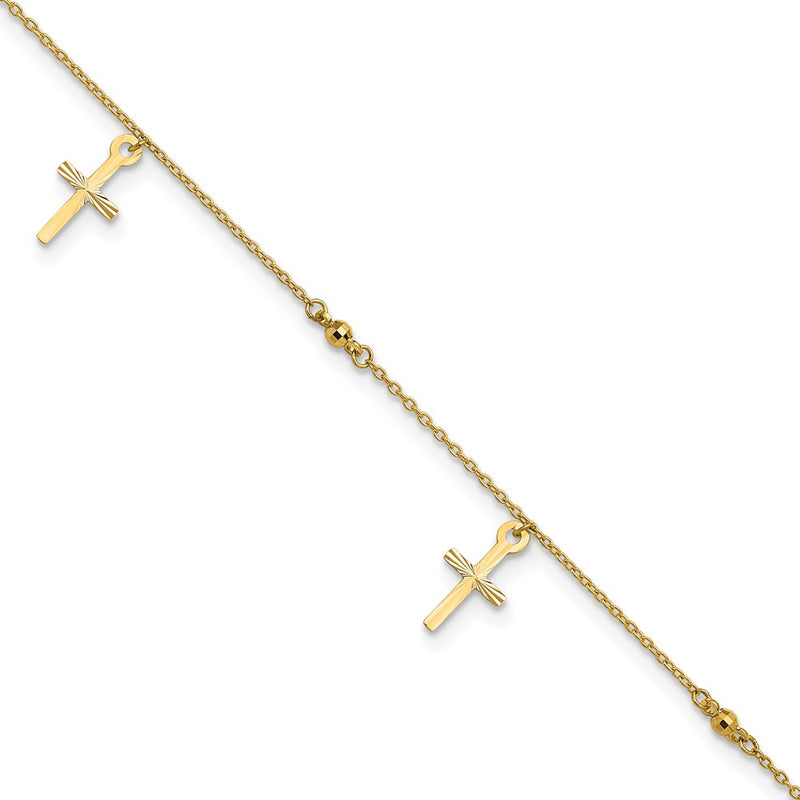 10k Polished and Textured Cross 9in Plus 1in ext. Anklet-10ANK267-9