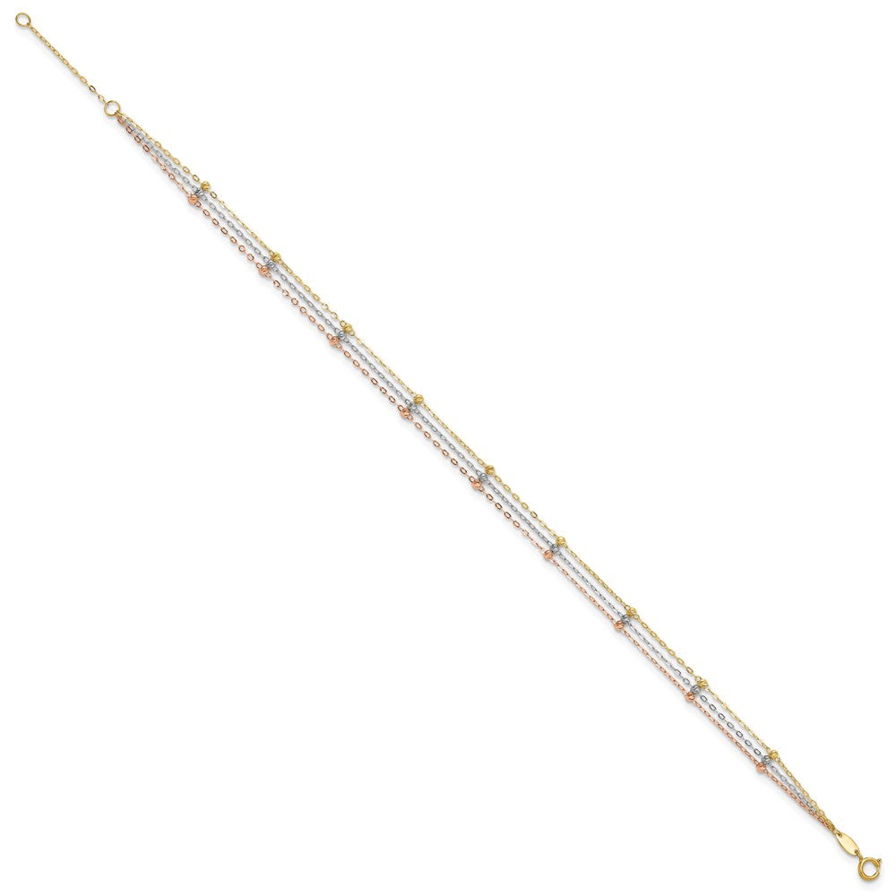 10k Tri-color 3-Strand Diamond-cut Beaded 9in Plus 1in ext Anklet-10ANK290-10