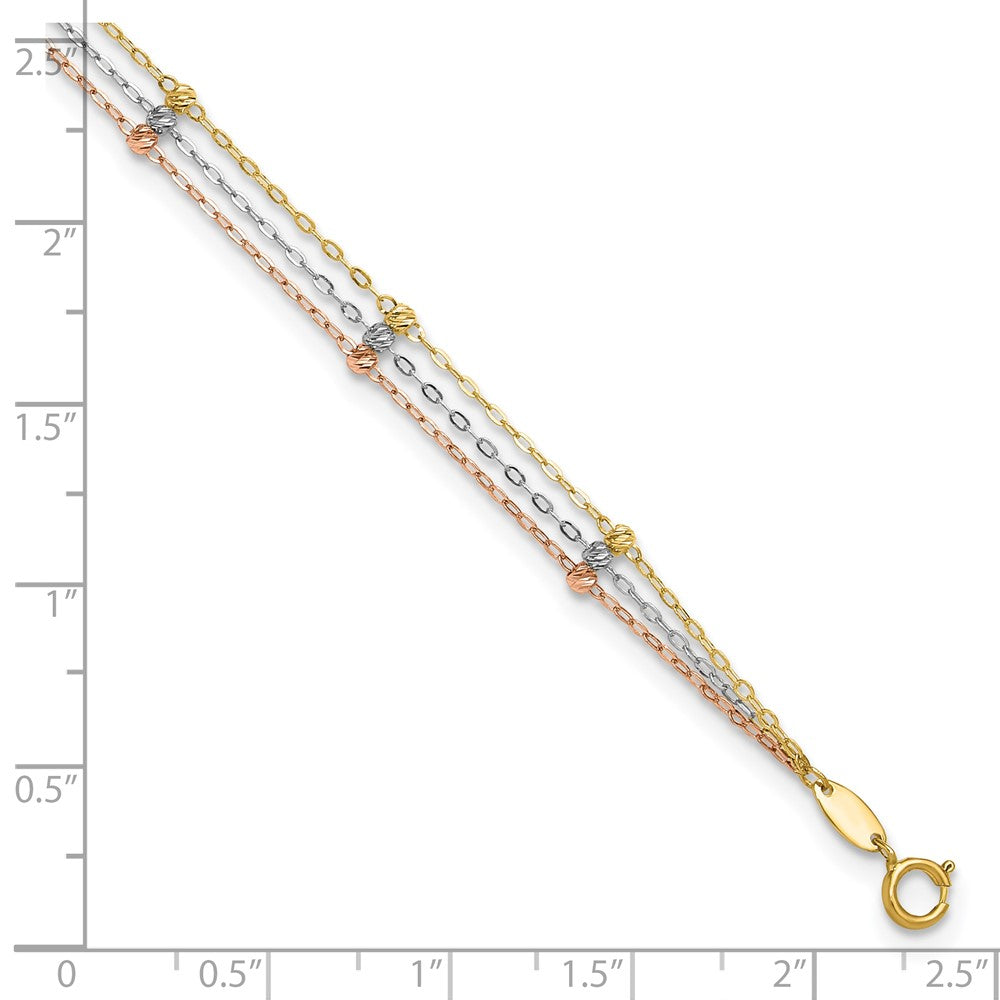 10k Tri-color 3-Strand Diamond-cut Beaded 9in Plus 1in ext Anklet-10ANK290-10