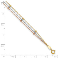 10k Tri-color 3-Strand Diamond-cut Beaded 9in Plus 1in ext Anklet-10ANK290-10