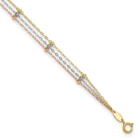 10k Tri-color 3-Strand Diamond-cut Beaded 9in Plus 1in ext Anklet-10ANK290-10