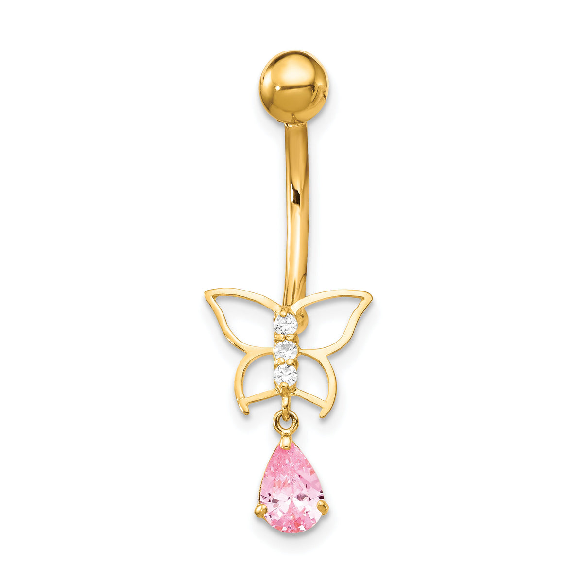 10k W/Dangle Butterfly/Pink Cz Belly Dangle-10BD136