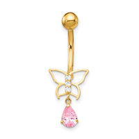 10k W/Dangle Butterfly/Pink Cz Belly Dangle-10BD136