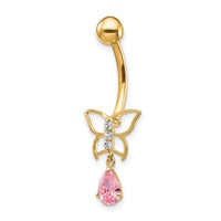10k W/Dangle Butterfly/Pink Cz Belly Dangle-10BD136