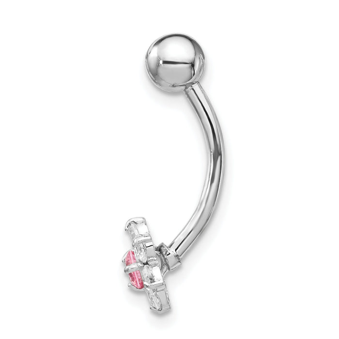 10k White Gold W/Cz Flower Pink Center Belly Dangle-10BD139