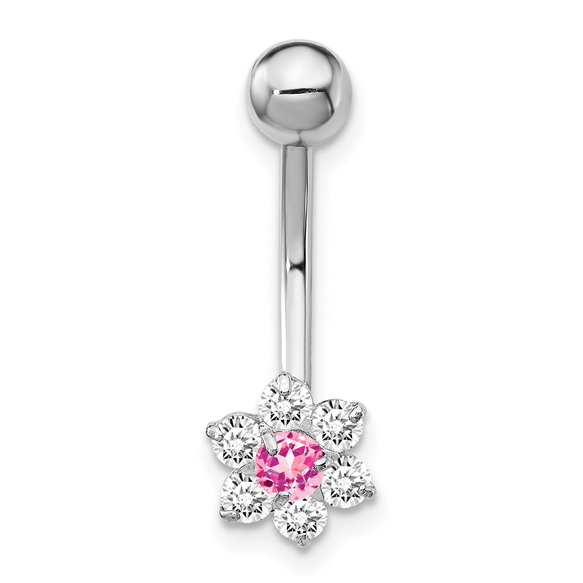 10k White Gold W/Cz Flower Pink Center Belly Dangle-10BD139