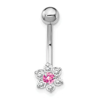 10k White Gold W/Cz Flower Pink Center Belly Dangle-10BD139