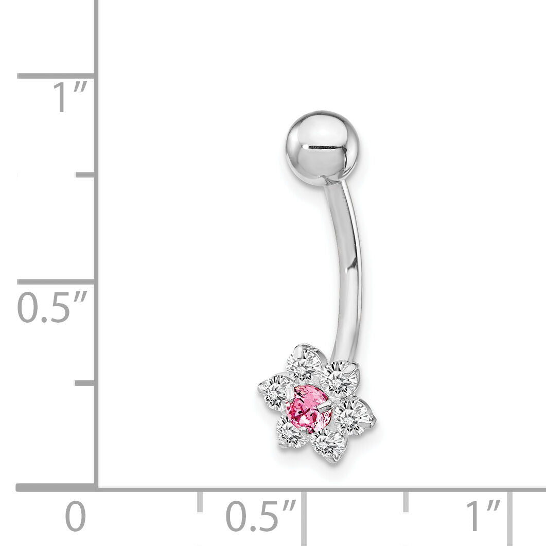 10k White Gold W/Cz Flower Pink Center Belly Dangle-10BD139
