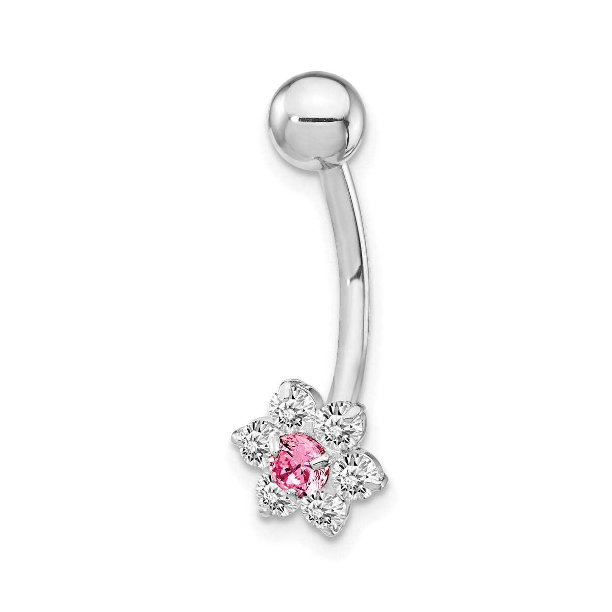 10k White Gold W/Cz Flower Pink Center Belly Dangle-10BD139