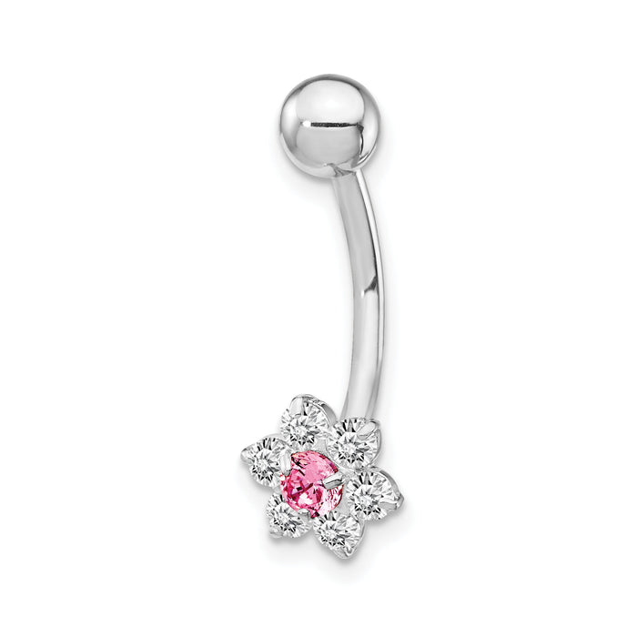 10k White Gold W/Cz Flower Pink Center Belly Dangle-10BD139