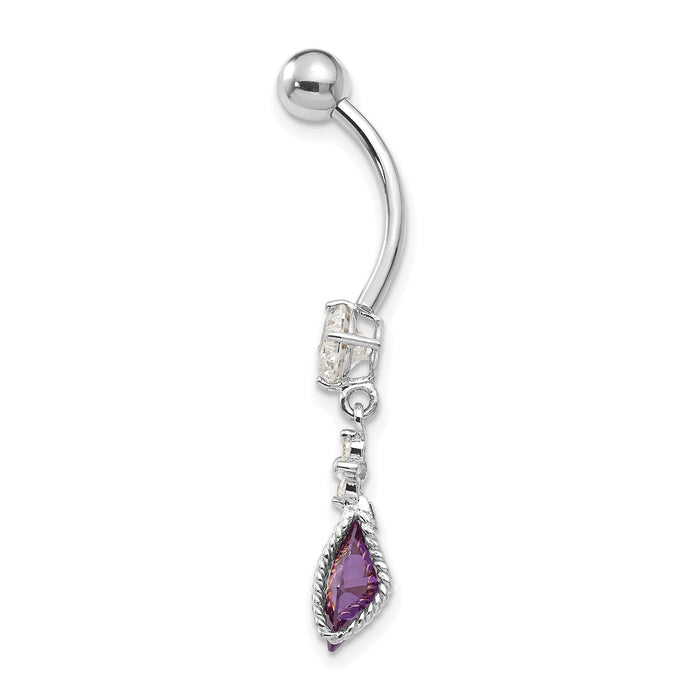 10k White Gold Square Amethyst CZ Belly Dangle-10BD146