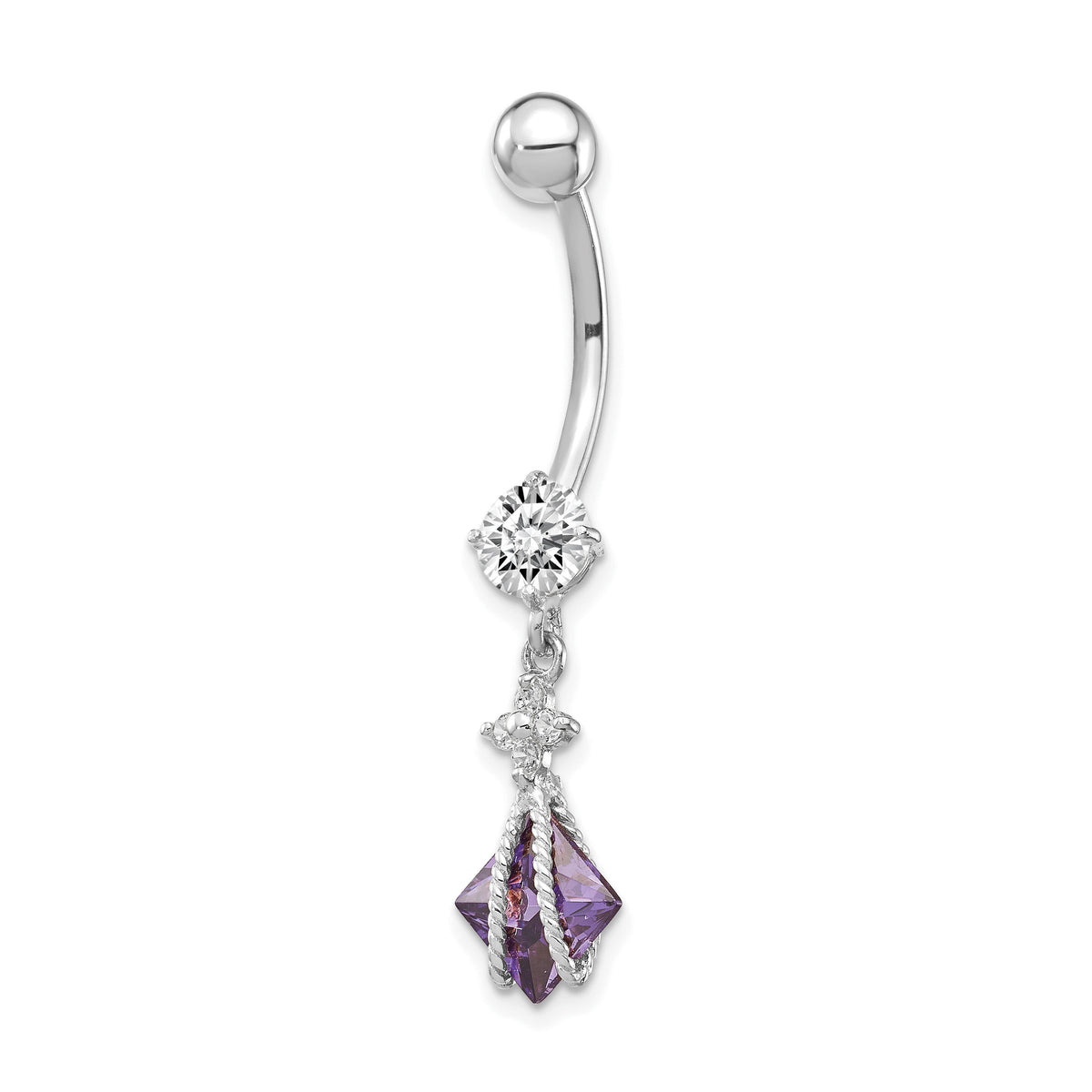 10k White Gold Square Amethyst CZ Belly Dangle-10BD146