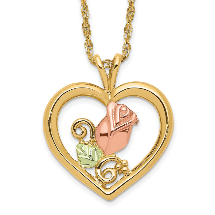 10k Tri-Color Black Hills Gold Rose in Heart Necklace-10BH693-18