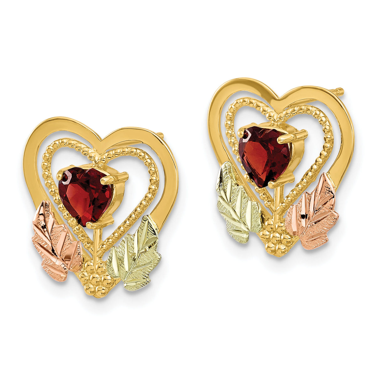 10k w/12K Accents Black Hills Gold Garnet Heart Post Earrings-10BH730