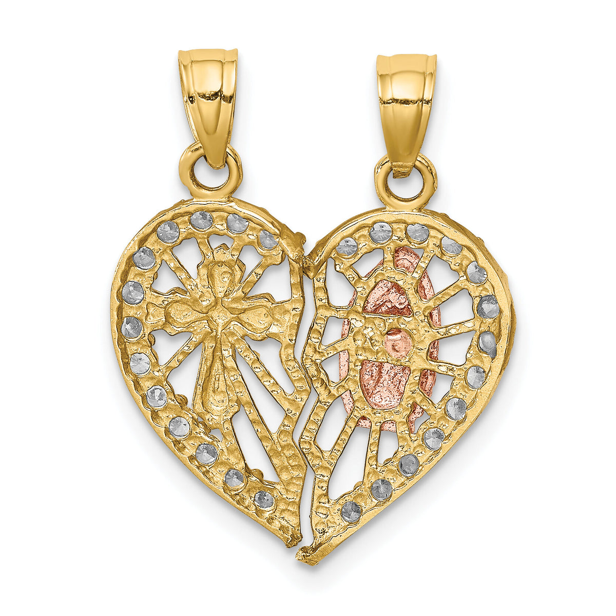 10k Two-tone w/ White Rhodium CZ Religious Break-apart Heart Pendant-10C1047