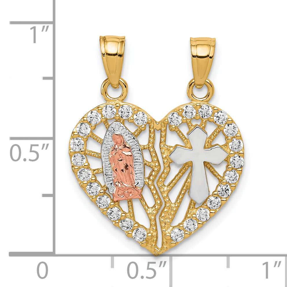 10k Two-tone w/ White Rhodium CZ Religious Break-apart Heart Pendant-10C1047