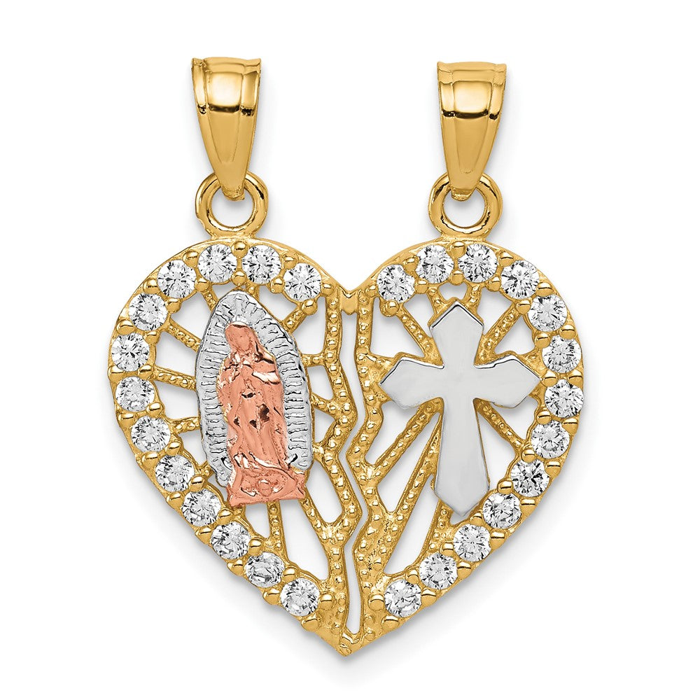 10k Two-tone w/ White Rhodium CZ Religious Break-apart Heart Pendant-10C1047