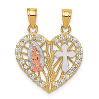 10k Two-tone w/ White Rhodium CZ Religious Break-apart Heart Pendant-10C1047