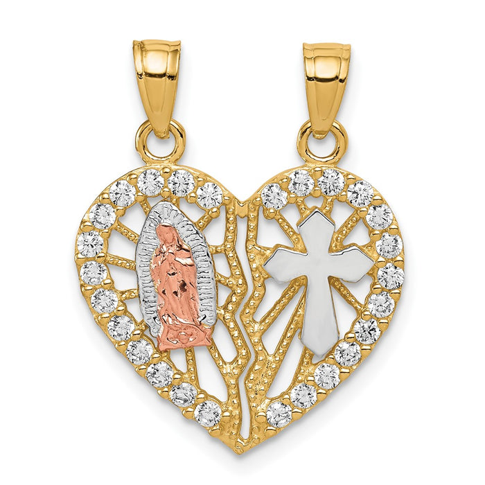 10k Two-tone w/ White Rhodium CZ Religious Break-apart Heart Pendant-10C1047