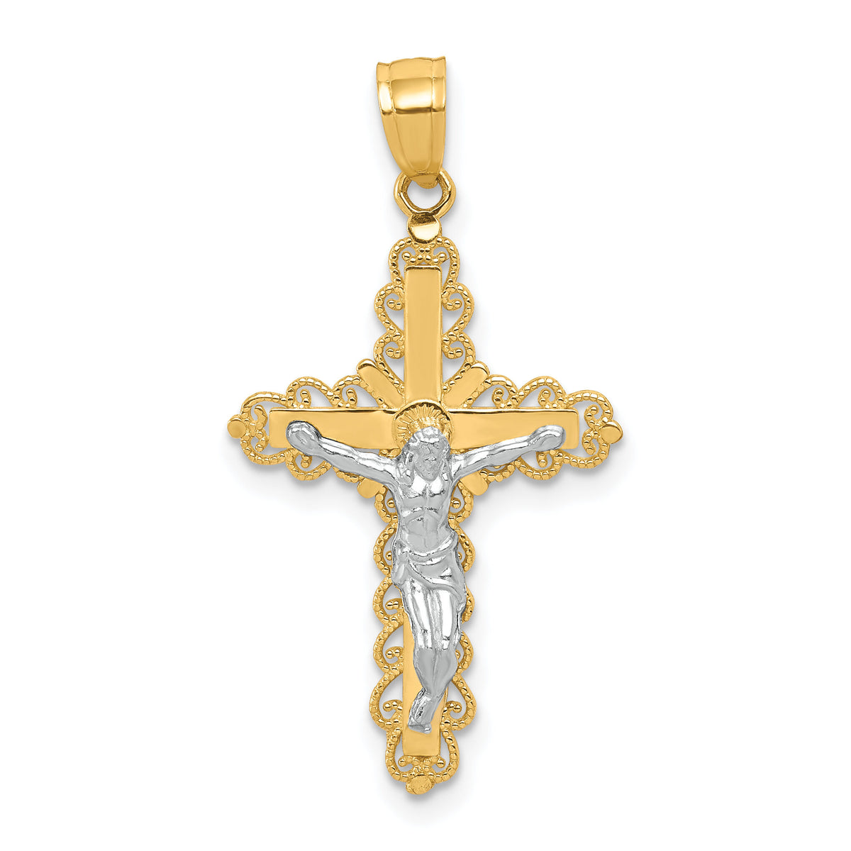 10K w/ Rhodium Filigree Crucifix Pendant-10C1052