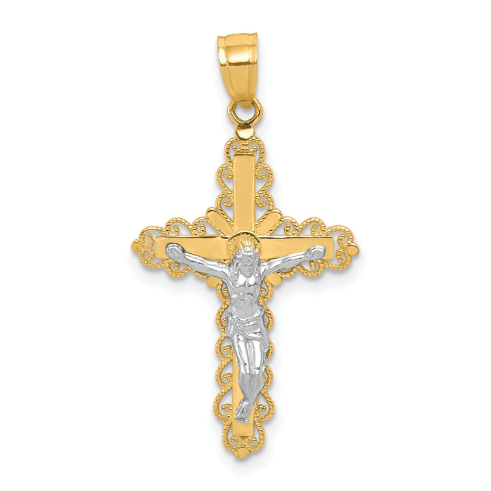 10K w/ Rhodium Filigree Crucifix Pendant-10C1052