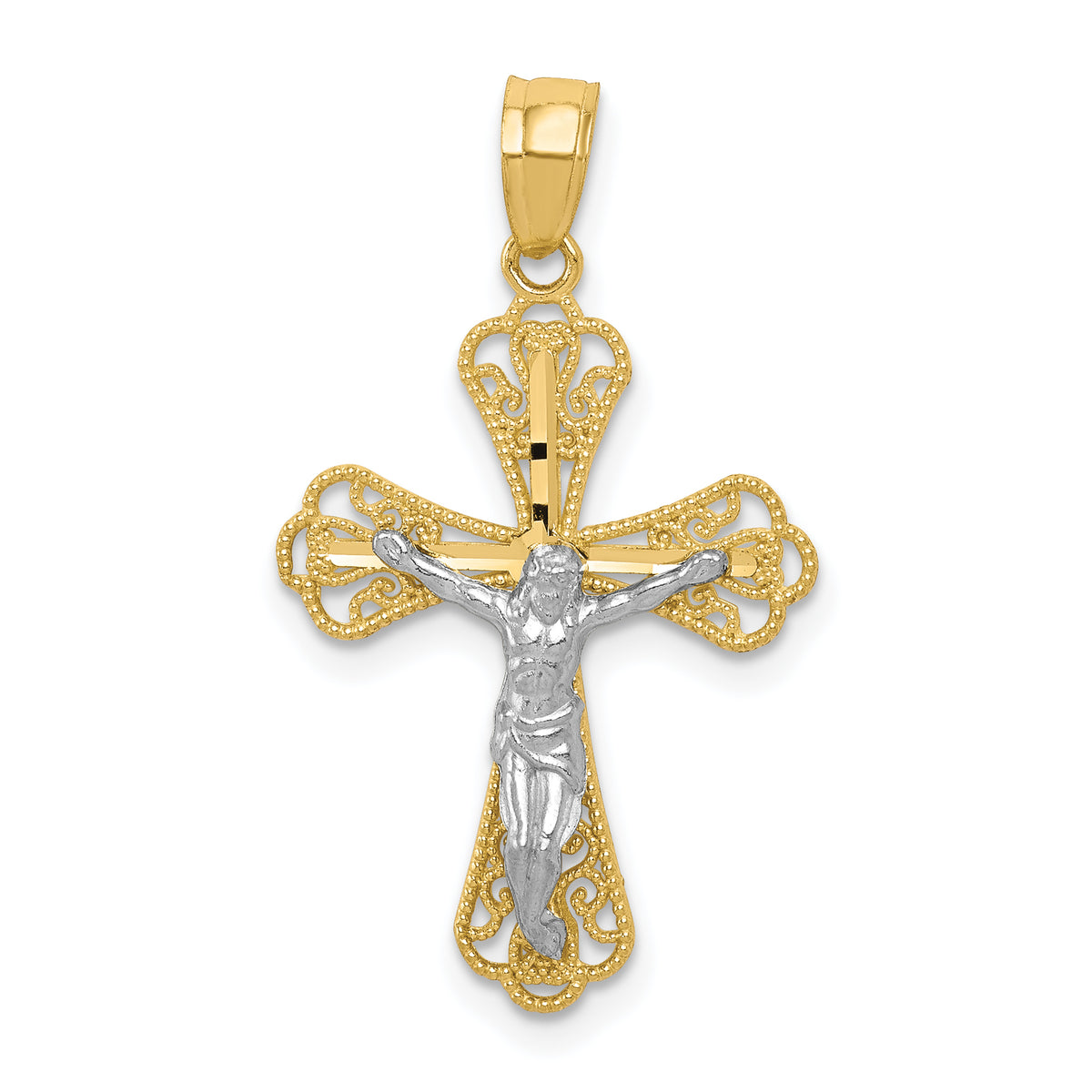 10K w/ Rhodium Filigree Crucifix Pendant-10C1053