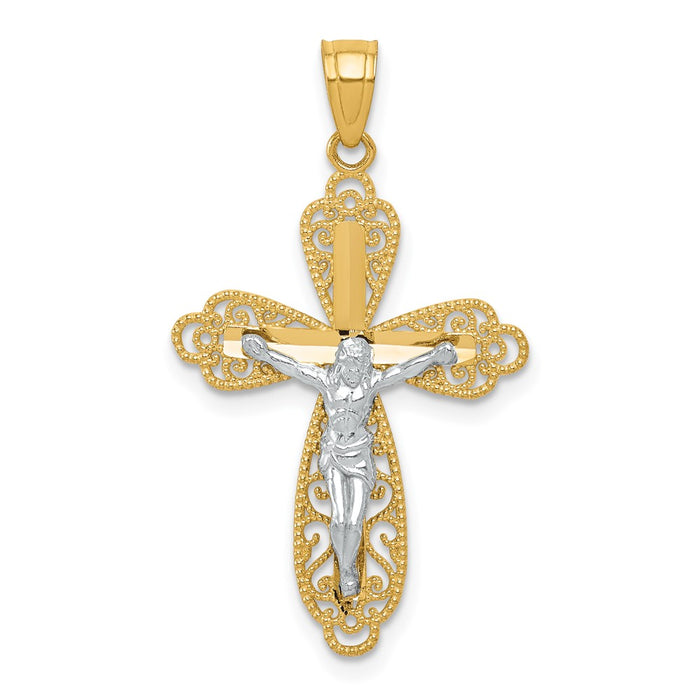 10K w/ Rhodium Filigree Crucifix Pendant-10C1054
