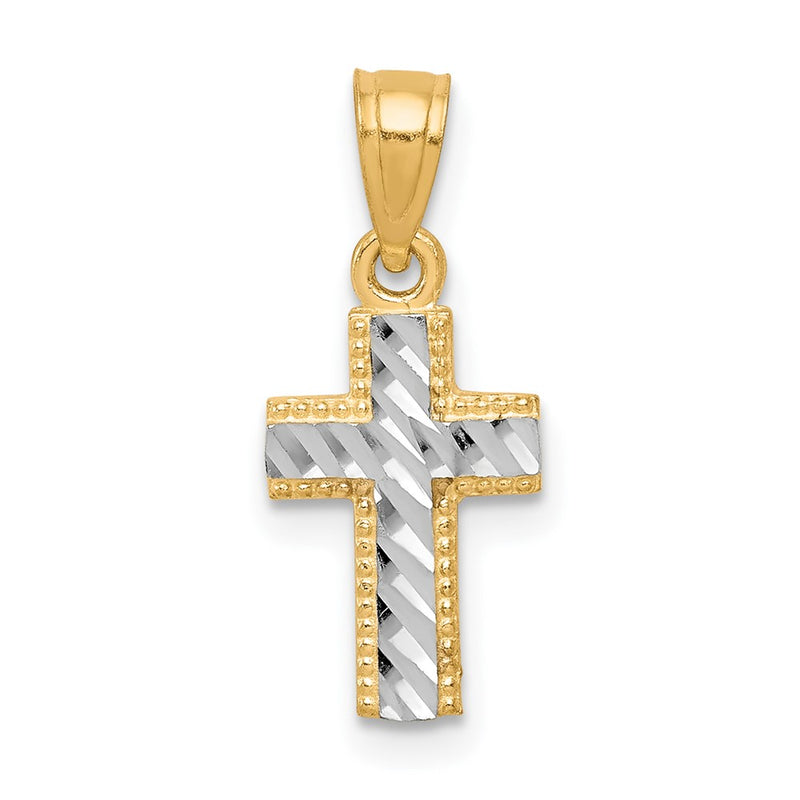 10k & Rhodium Tiny Diamond-Cut Cross Pendant-10C1093