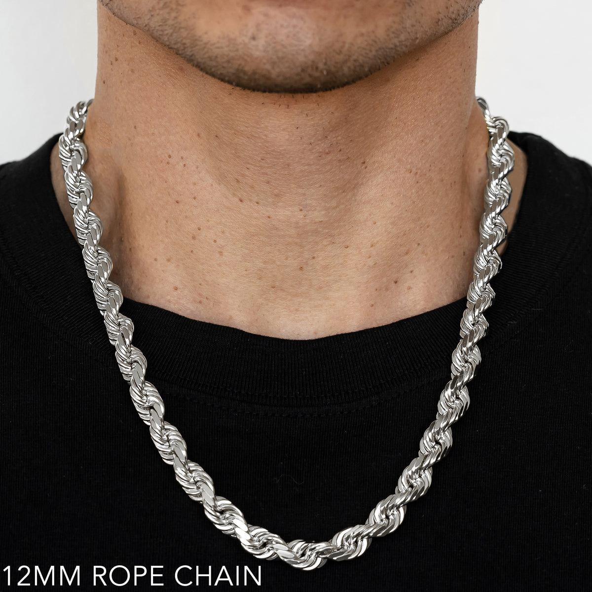 10K 12MM WHITE GOLD SOLID DC ROPE 18" CHAIN NECKLACE (AVAILABLE IN LENGTHS 7" - 30")