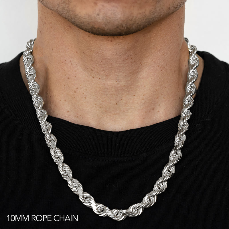 10K 10MM WHITE GOLD SOLID DC ROPE 16" CHAIN NECKLACE (AVAILABLE IN LENGTHS 7" - 30")