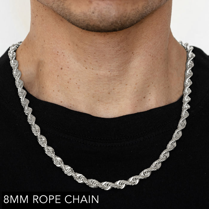 14K 8MM WHITE GOLD SOLID DC ROPE 24" CHAIN NECKLACE (AVAILABLE IN LENGTHS 7" - 30")