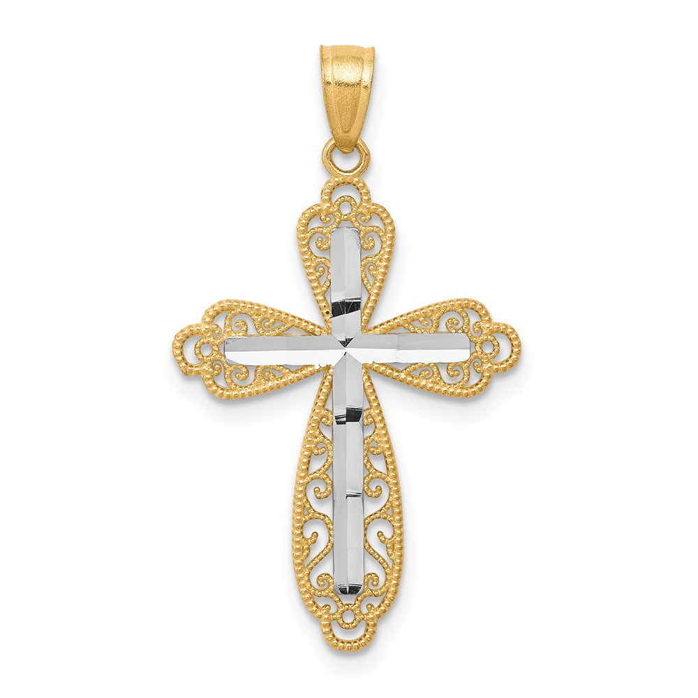 10K w/ Rhodium Diamond-Cut Cross Pendant-10C1127