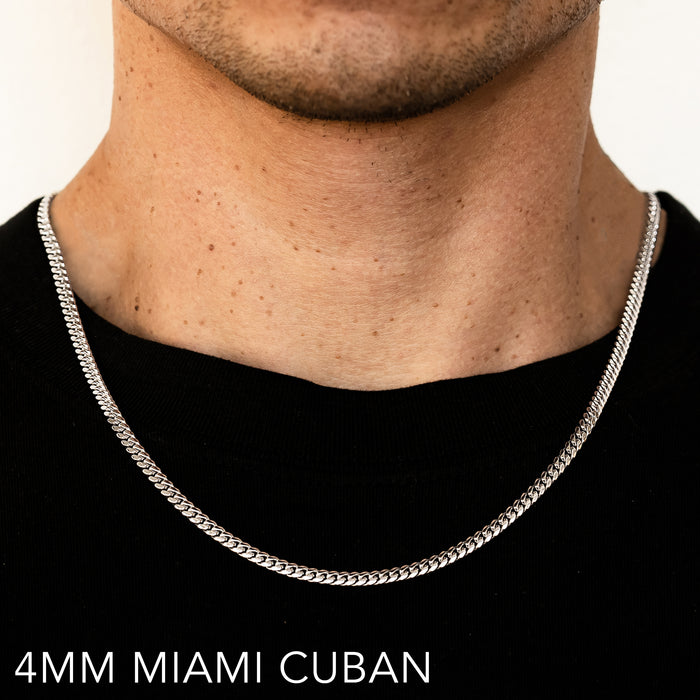 10K 4MM WHITE GOLD SOLID MIAMI CUBAN 30" CHAIN NECKLACE (AVAILABLE IN LENGTHS 7" - 30")