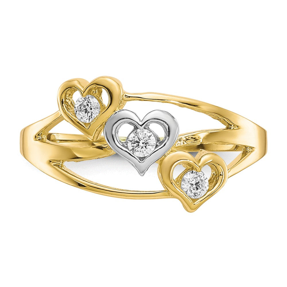 10K w/Rhodium Triple Heart 3 Stone CZ Ring-10C1198