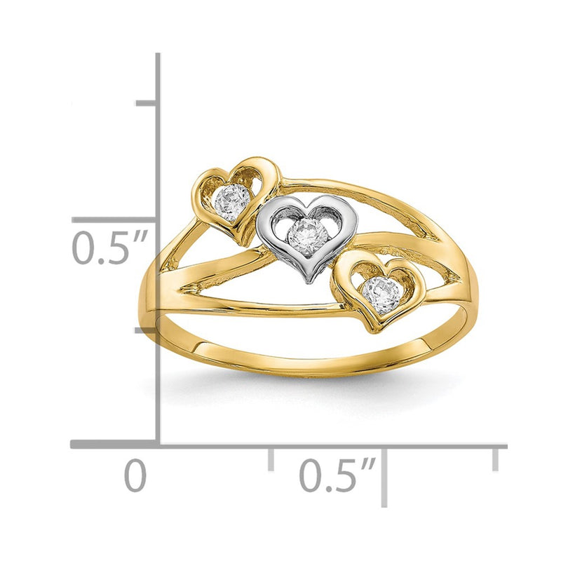 10K w/Rhodium Triple Heart 3 Stone CZ Ring-10C1198