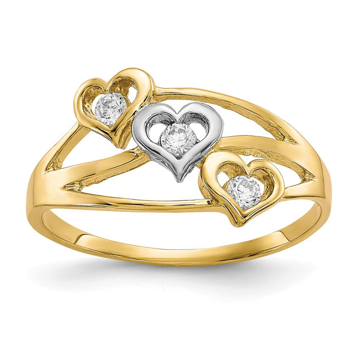 10K w/Rhodium Triple Heart 3 Stone CZ Ring-10C1198