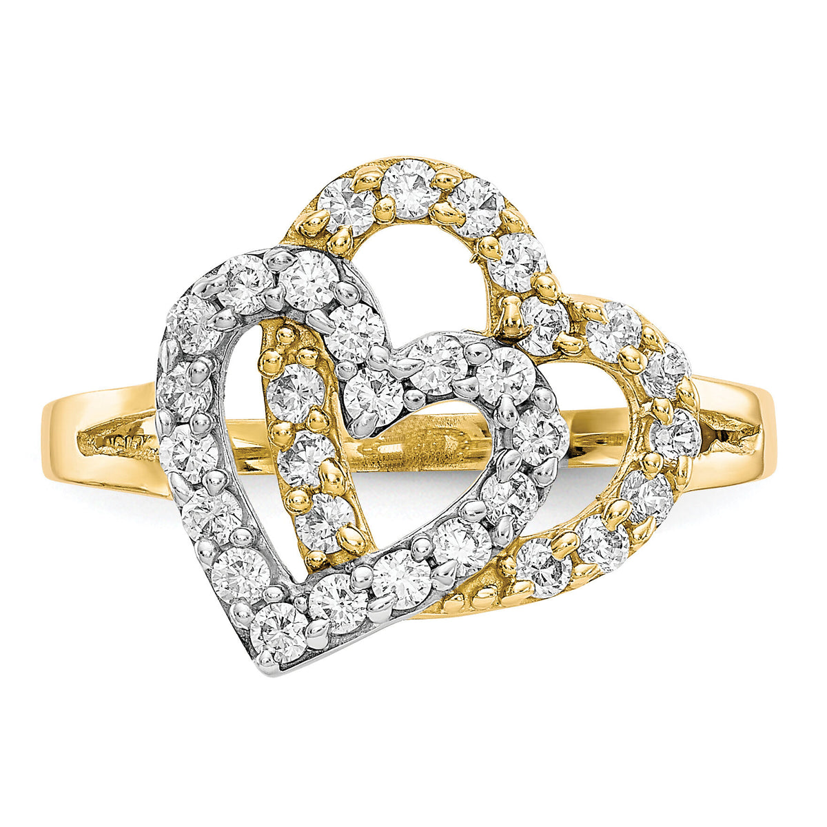 10K w/Rhodium Double Heart CZ Ring-10C1247