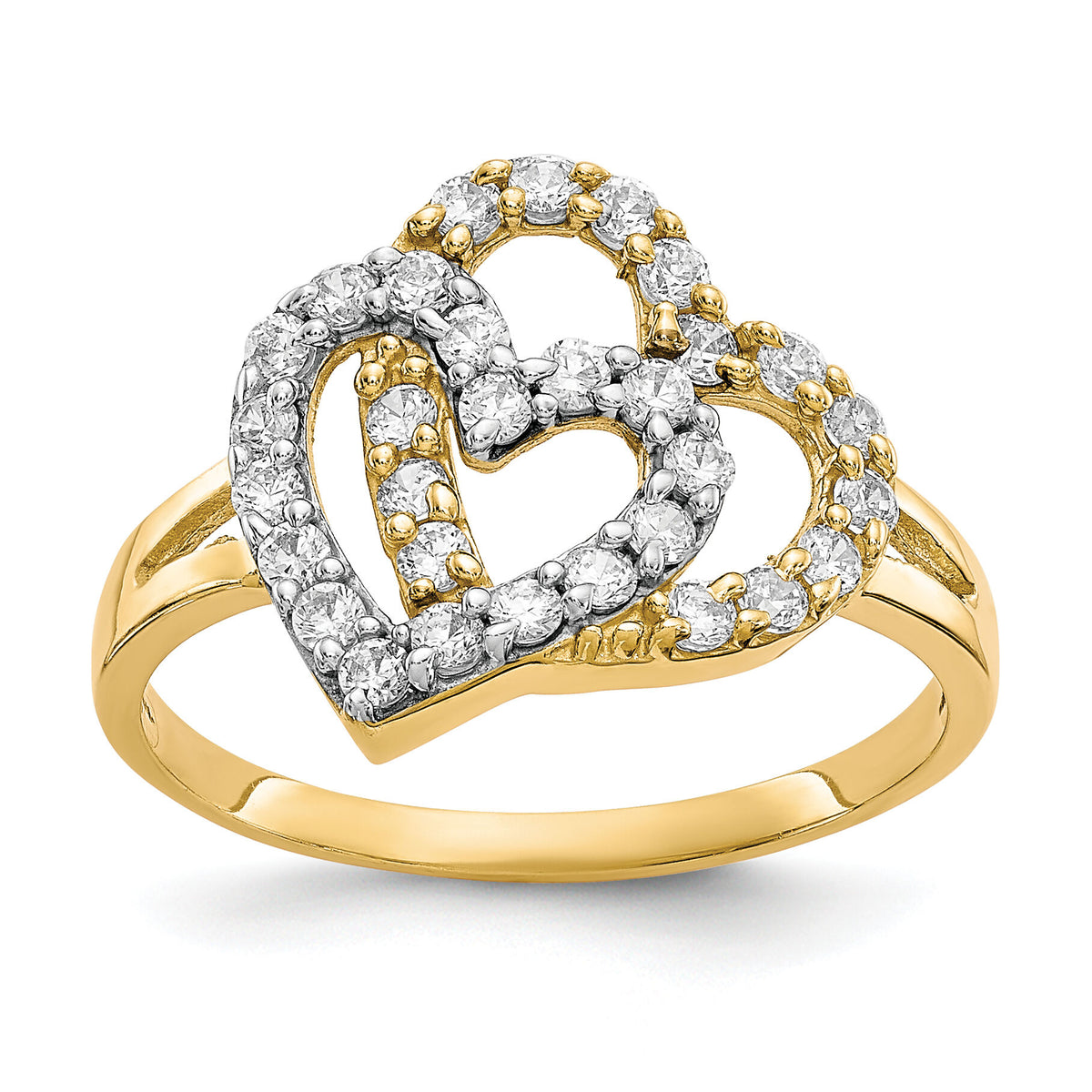 10K w/Rhodium Double Heart CZ Ring-10C1247