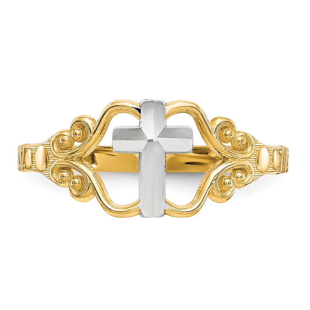 10k & Rhodium Polished Cross Ring-10C1279