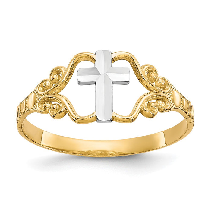 10k & Rhodium Polished Cross Ring-10C1279