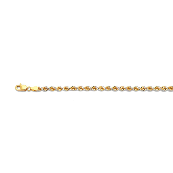 14K 3MM TWO TONE SOLID DC PRISM ROPE 8.5" CHAIN BRACELET (AVAILABLE IN LENGTHS 7" - 30")